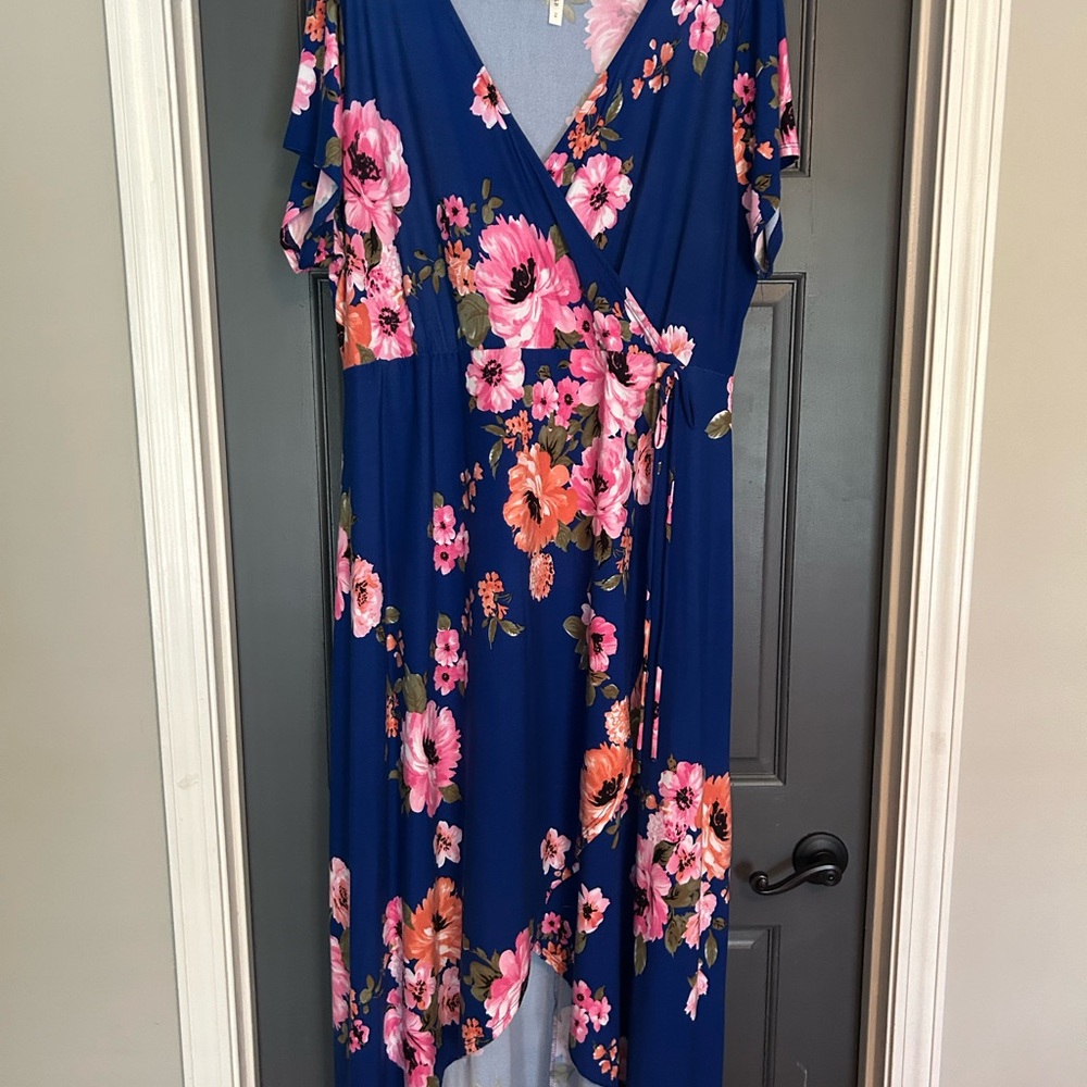 Floral Wrap Summer high low Dress in Blue with Pink & Coral Flowers super comfy